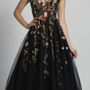 Dave & Johnny Black Dress with Floral Embroidery